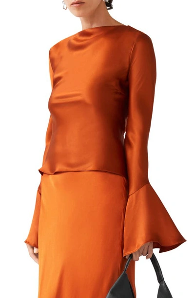 Other Stories Open Back Bell Sleeve Satin Blouse In Rust