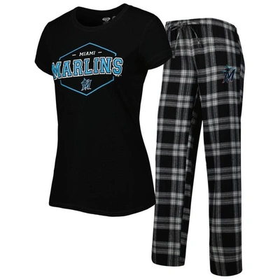 Concepts Sport Women's  Black, Gray Miami Marlins Badge T-shirt And Pajama Pants Sleep Set In Black,gray