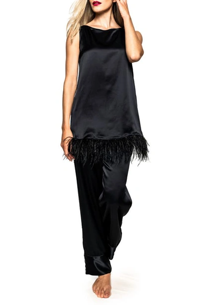 Petite Plume Silk Pajamas With Feather Trim In Black