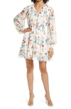 Rachel Parcell Chiffon Long Sleeve Minidress In Ivory Ikat Bouquet