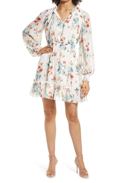 Rachel Parcell Chiffon Long Sleeve Minidress In Ivory Ikat Bouquet