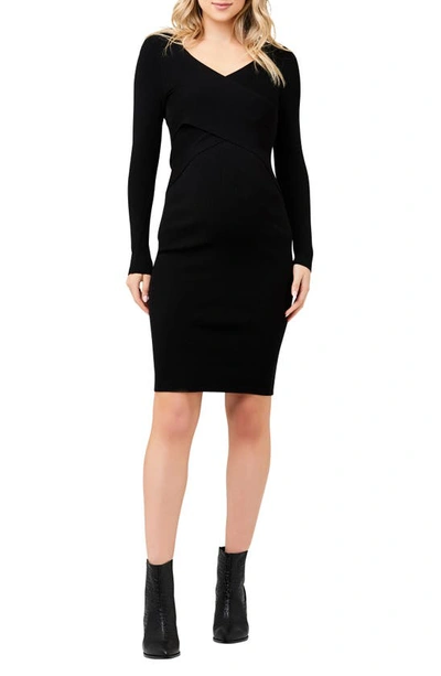 Ripe Maternity Sadie Long Sleeve Cross Front Rib Maternity Dress In Black