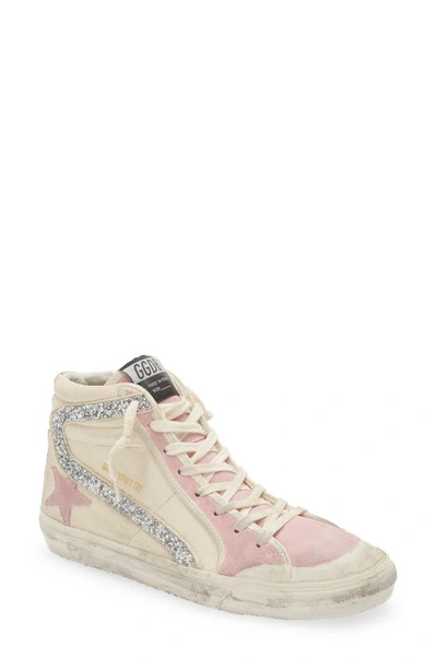 Golden Goose Slide High Top Sneaker In Canvas/ Pink/ Silver Glitter