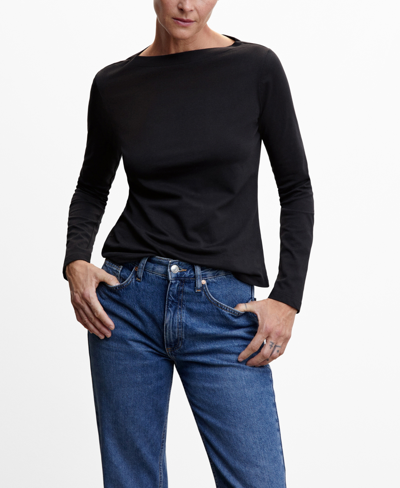 Mango T-shirt Col Bateau Coton In Black