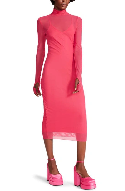 Steve Madden Vivienne Long Sleeve Mesh Midi Dress In Hot Pink