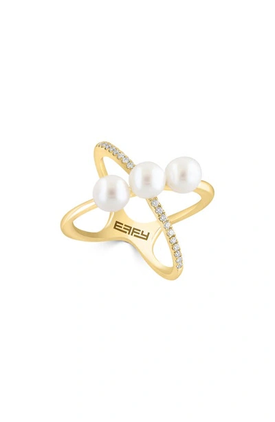 Effy 14k Yellow Gold Diamond & Freshwater Pearl Crossover Ring In White