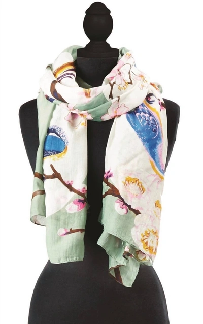 Two's Company Blossoms & Birds Scarf In Blue/pink/white In Multi