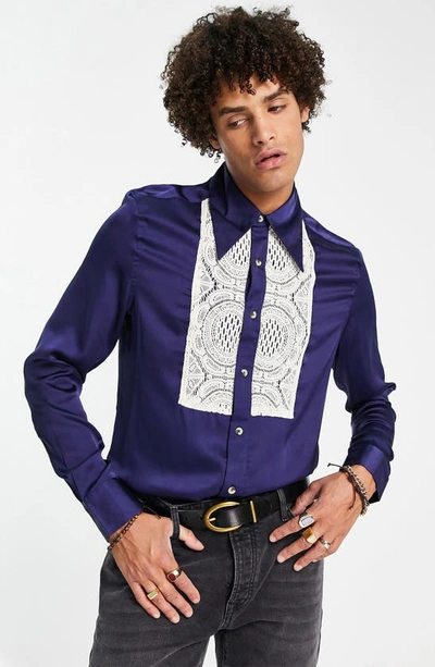 Asos Design Satin Shirt With Lace Bib And 70s Collar In Navy