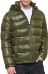 Guess Hooded Solid Puffer Jacket In Army Green