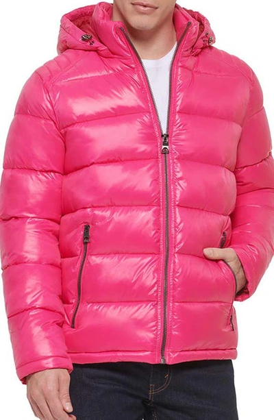 Guess Hooded Solid Puffer Jacket In Punch
