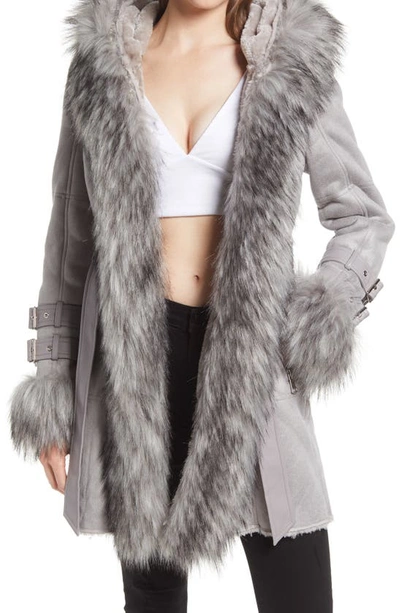 Azalea Wang Belted Trench Coat With Faux Fur Trim In Grey