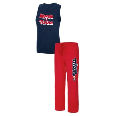 Concepts Sport Heather Red/heather Navy Minnesota Twins Wordmark Meter Muscle Tank Top & Pants Sleep In Heather Red,heather Navy