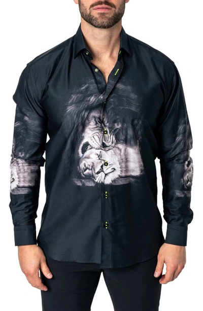 Maceoo Fibonacci Love Lion Cotton Button-up Shirt In Black