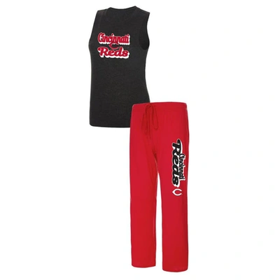 Concepts Sport Heather Red/heather Black Cincinnati Reds Wordmark Meter Muscle Tank Top & Pants Slee In Heather Red,heather Black