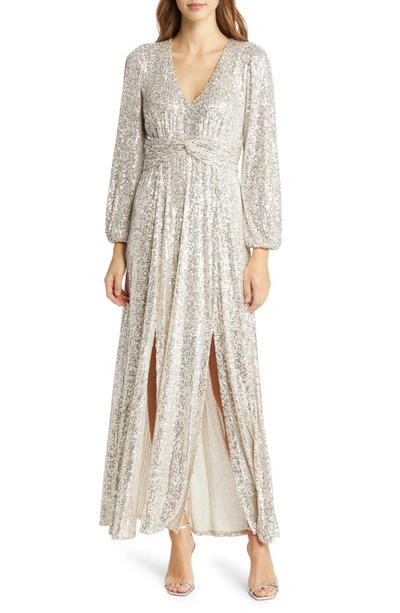 Pisarro Nights Sequin Long Sleeve A-line Gown In Jbs Silver