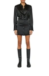 Frame Strong Shoulder Long Sleeve Stretch Silk Minidress In Noir