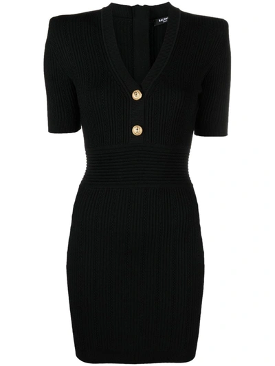 Balmain Ribbed V-neck Mini Dress In Black
