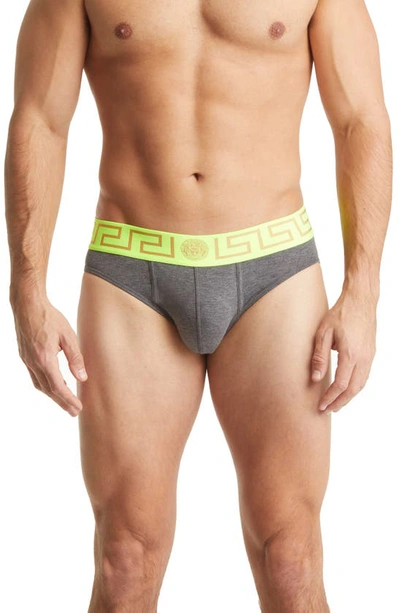 Versace Greca Border Briefs In Fluo Yellow/ Grey