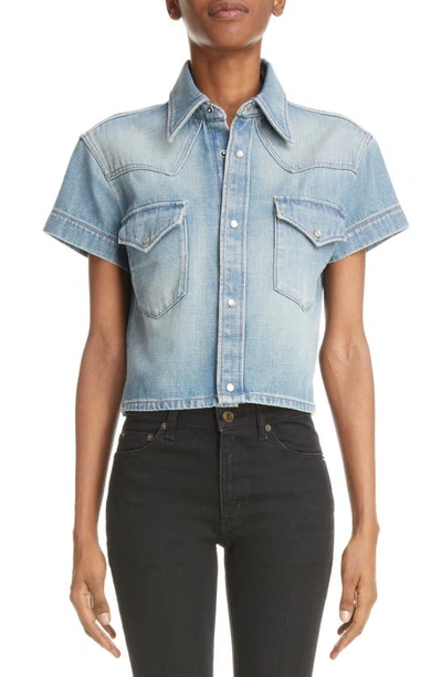 Saint Laurent Short Sleeve Crop Snap-up Denim Shirt In Soft Sand Blue