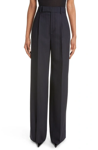 Saint Laurent Pinstripe Wide Leg Wool & Cotton Trousers In Marine Gris