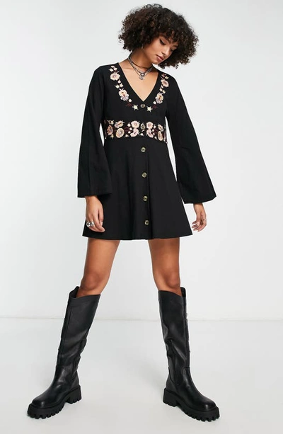 Asos Design Embroidered Long Sleeve Cotton Minidress In Black