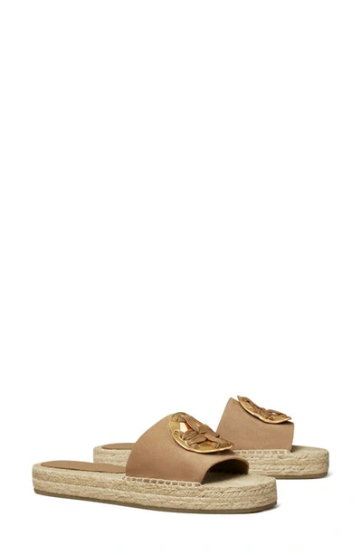 Tory Burch Woven Double T Espadrille Slide Sandal In Almond Flour