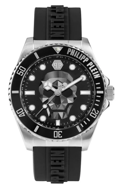 Philipp Plein The $kull Carbon Fiber Dial Silicone Strap Watch, 44mm In Silver