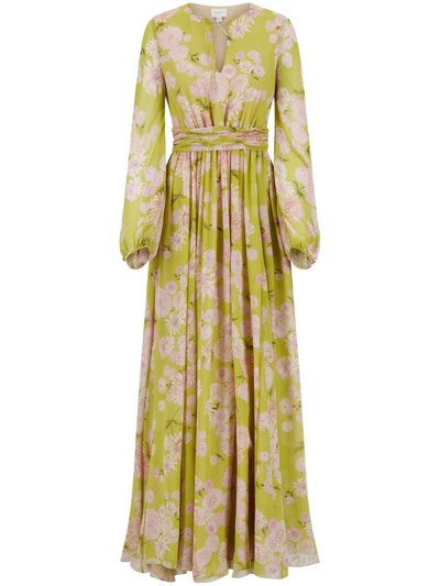 Giambattista Valli Dahlia Print Long Sleeve Silk Georgette Dress In Green