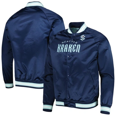 Mitchell & Ness Kids'  Deep Sea Blue Seattle Kraken Satin Full-snap Raglan Varsity Jacket In Navy