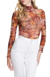 Guess Kamaria Mesh Turtleneck Top In Digital Tapestry Print Maroon