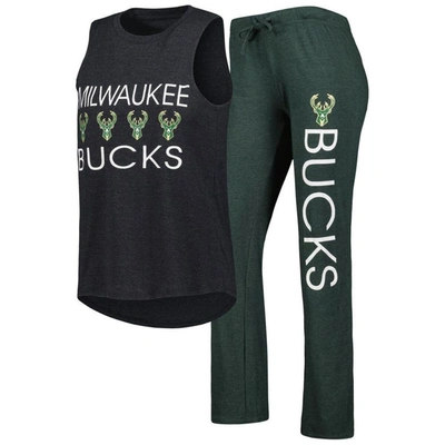 Concepts Sport Women's  Hunter Green, Black Milwaukee Bucks Team Tank Top And Pants Sleep Set In Hunter Green,black