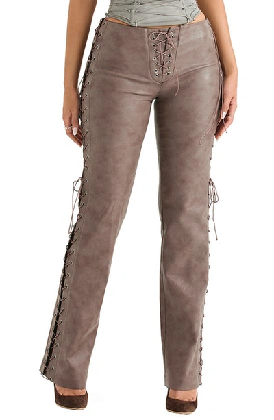 House Of Cb Lace-up Faux Leather Trousers In Cocoa