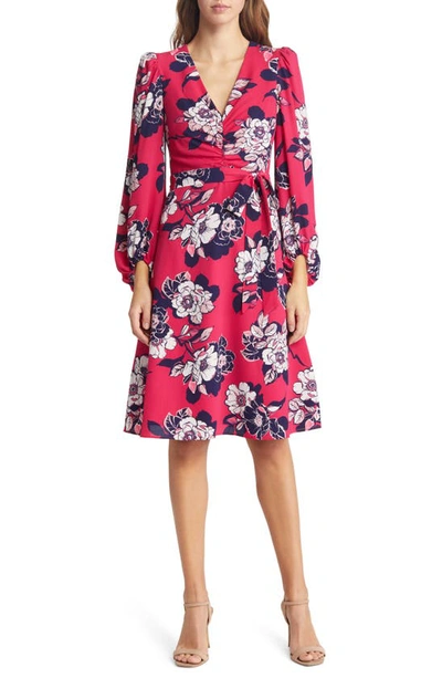 Eliza J Floral Ruched Bracelet Sleeve Dress In Berry