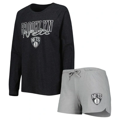 Concepts Sport Heather Black/heather Gray Brooklyn Nets Team Raglan Long Sleeve T-shirt & Shorts Sle