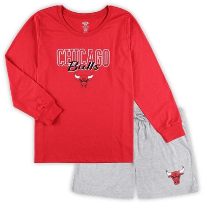 Concepts Sport Red/heather Gray Chicago Bulls Plus Size Long Sleeve T-shirt And Shorts Sleep Set