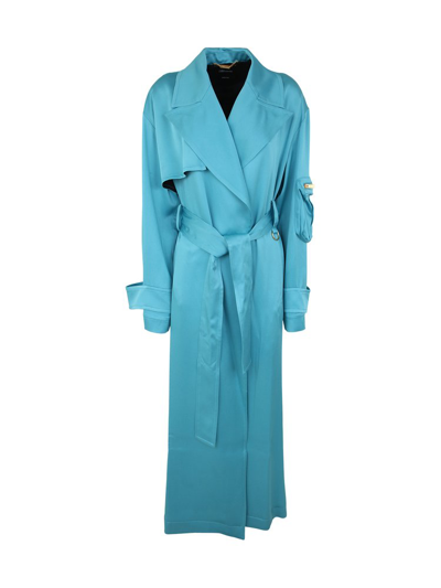 Blumarine Satin Long Belted Trench Coat In Blue