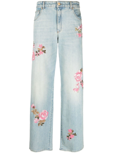 Blumarine Embroidered Roses Wide Denim Jeans In Blue