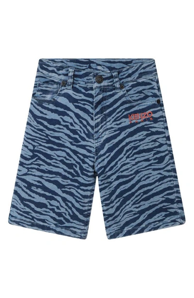 Kenzo Kids' All Over Print Denim Effect Shorts In Slate Blue