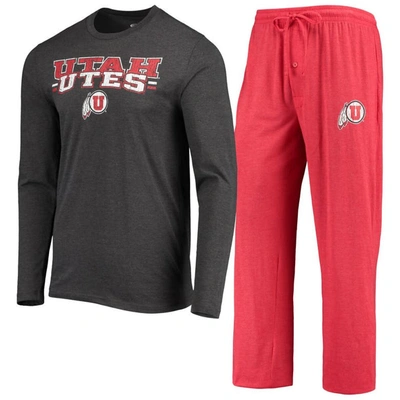 Concepts Sport Men's  Red, Heathered Charcoal Distressed Utah Utes Meter Long Sleeve T-shirt And Pant In Red,heathered Charcoal
