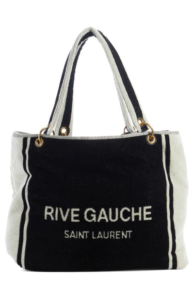 Saint Laurent Rive Gauche Noe Terrycloth Tote In Nero/ Bianco/ Nero