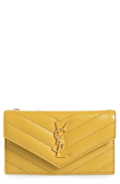 Saint Laurent Zip & Flap Matelassé Card Case In Chartreuse