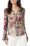 Paige Palma Floral Print Pleated Cuff Silk Button-up Blouse In Brshd Olive Rasp Mouse