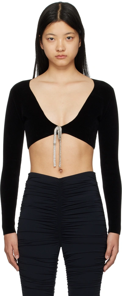 Alexander Wang Cropped Crystal-embellished Cotton-blend Chenille Cardigan In Black