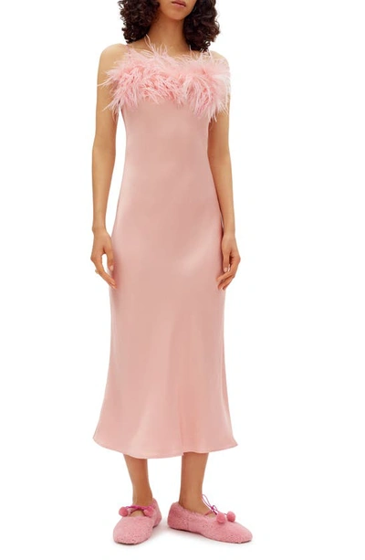 Sleeper Boheme Slip Dress With Feathers In Dust Pink