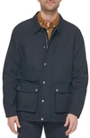Cole Haan Waxed Cotton Rain Shirt Jacket In Navy