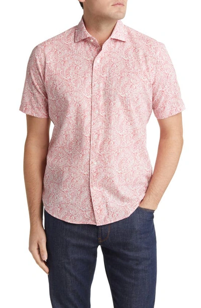 Peter Millar Crown Crafted Bayhops Cotton Paisley Print Tailored Fit Short Sleeve Button Down Shirt In Red Pear
