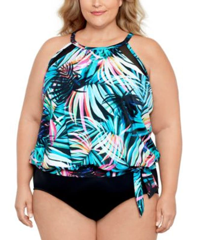Swim Solutions Plus Size Printed Tankini Top Tummy Control Bottoms Created For Macys Women's Swimsuit In Fiesta Fronds