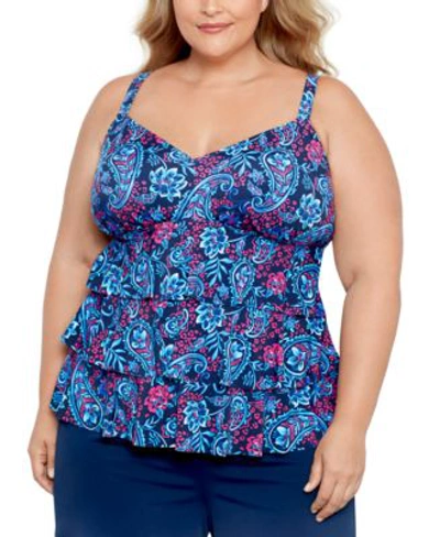 Swim Solutions Plus Size Printed Triple Tier Tankini Swim Shorts Created For Macys Women's Swimsuit In Spring Fling