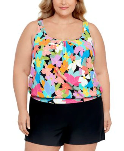 Swim Solutions Women's Shirred Neck Blouson Underwire Tankini, Created For Macy's Women's Swimsuit In Floral Frenzy