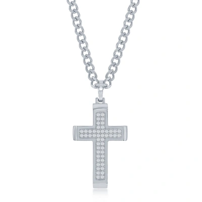 Blackjack Mens Stainless Steel Polished Cz Cross Necklace In Silver